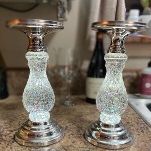 Bath & Body Works Set of 2 Silver Swirling Glitter Pedestal Candle Holders